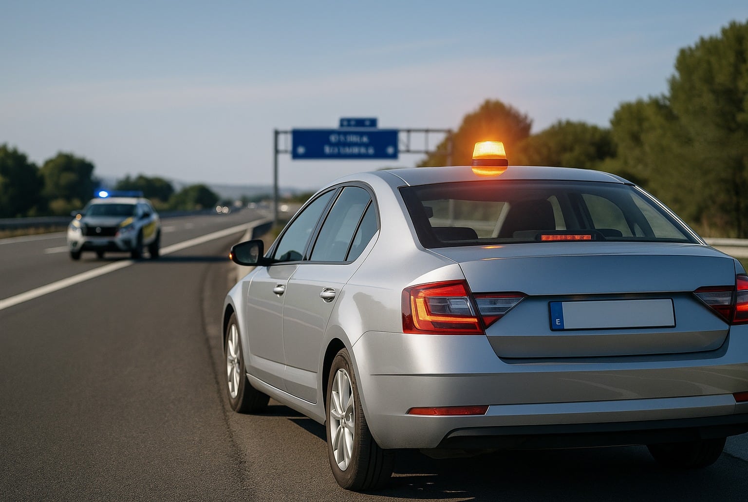 Voiture immobilisée sur l’AP-7, feux de détresse, balise V16 orange sur le toit, un SUV de la Guardia Civil signale l’incident.