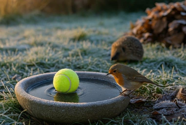 Balle de tennis flottant sur un abreuvoir partiellement gelé, rougegorge au rebord et hérisson flou sur gazon givré à l’aube d’hiver.