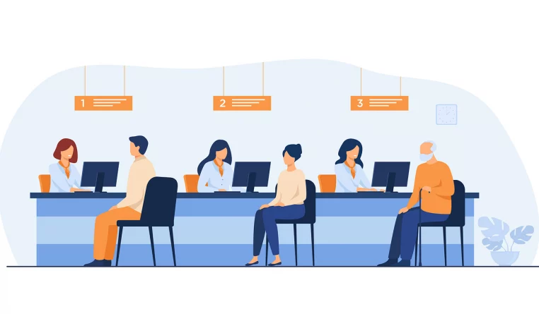 Illustration d’un guichet de banque avec plusieurs clients assis face aux conseillers, symbolisant la gestion de l’épargne au quotidien