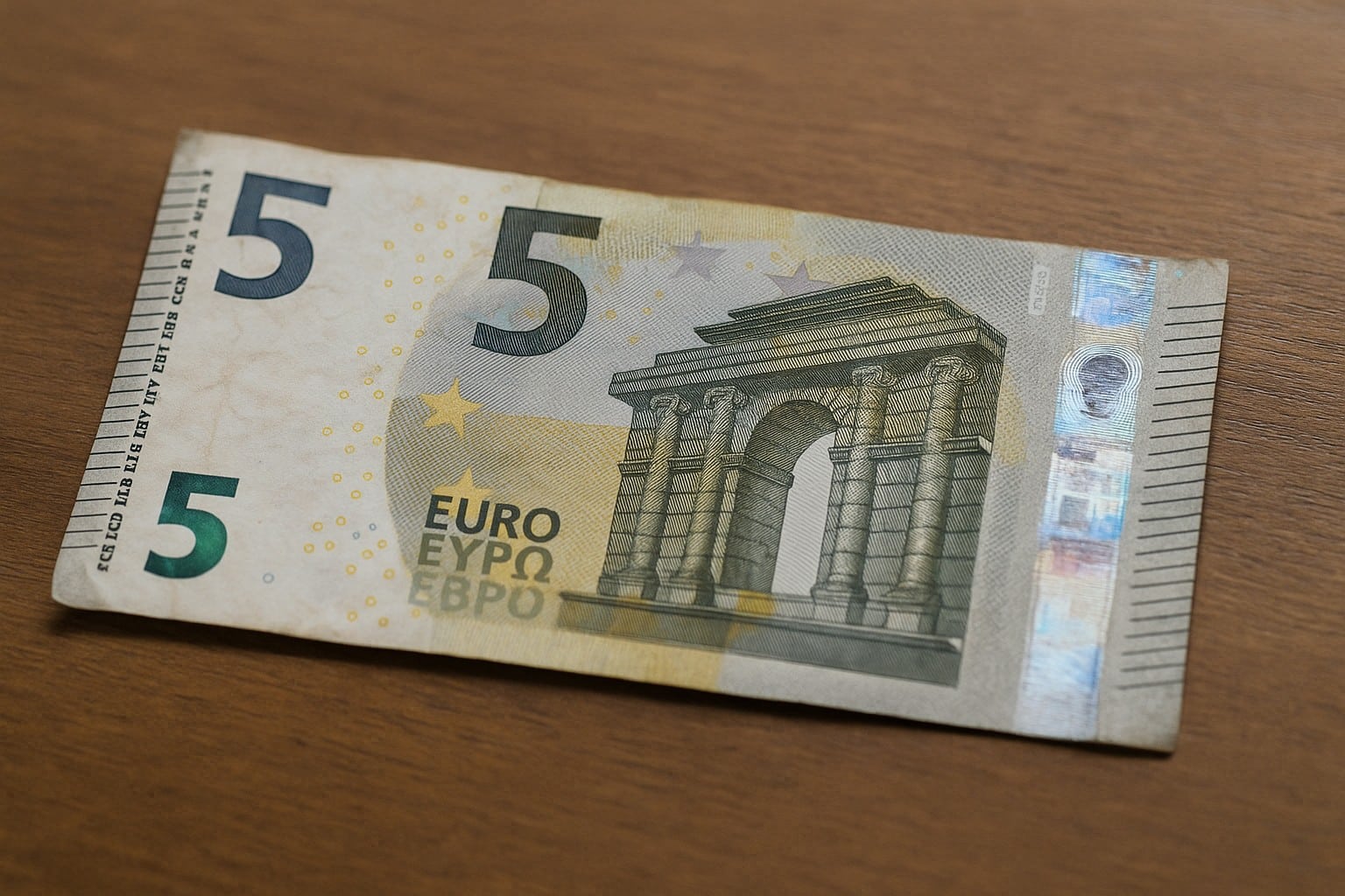 Billet de 5 euros légèrement usé posé à plat sur une table en bois, montrant clairement l’arc et les détails de sécurité.