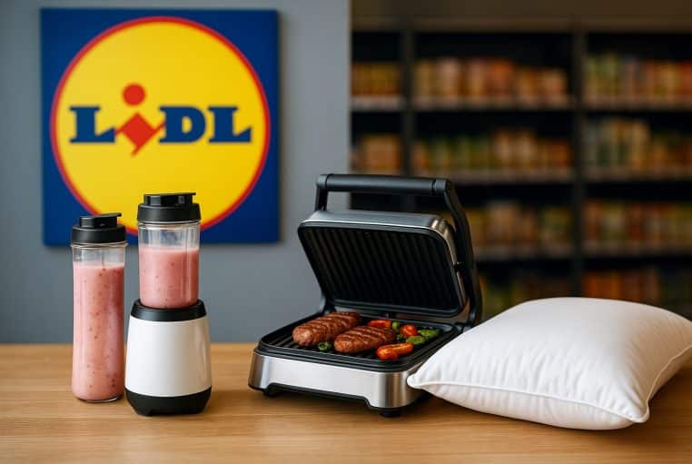 Blender nomade, grill électrique et oreiller blanc sur un comptoir en bois devant un logo Lidl dans un magasin