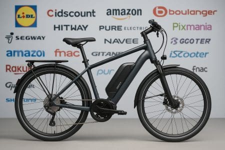 Vélo électrique noir en studio avec, en arrière-plan flouté, les logos de grandes enseignes de Black Friday.