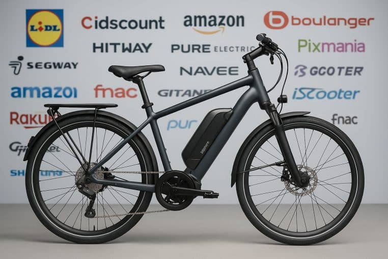 Vélo électrique noir en studio avec, en arrière-plan flouté, les logos de grandes enseignes de Black Friday.