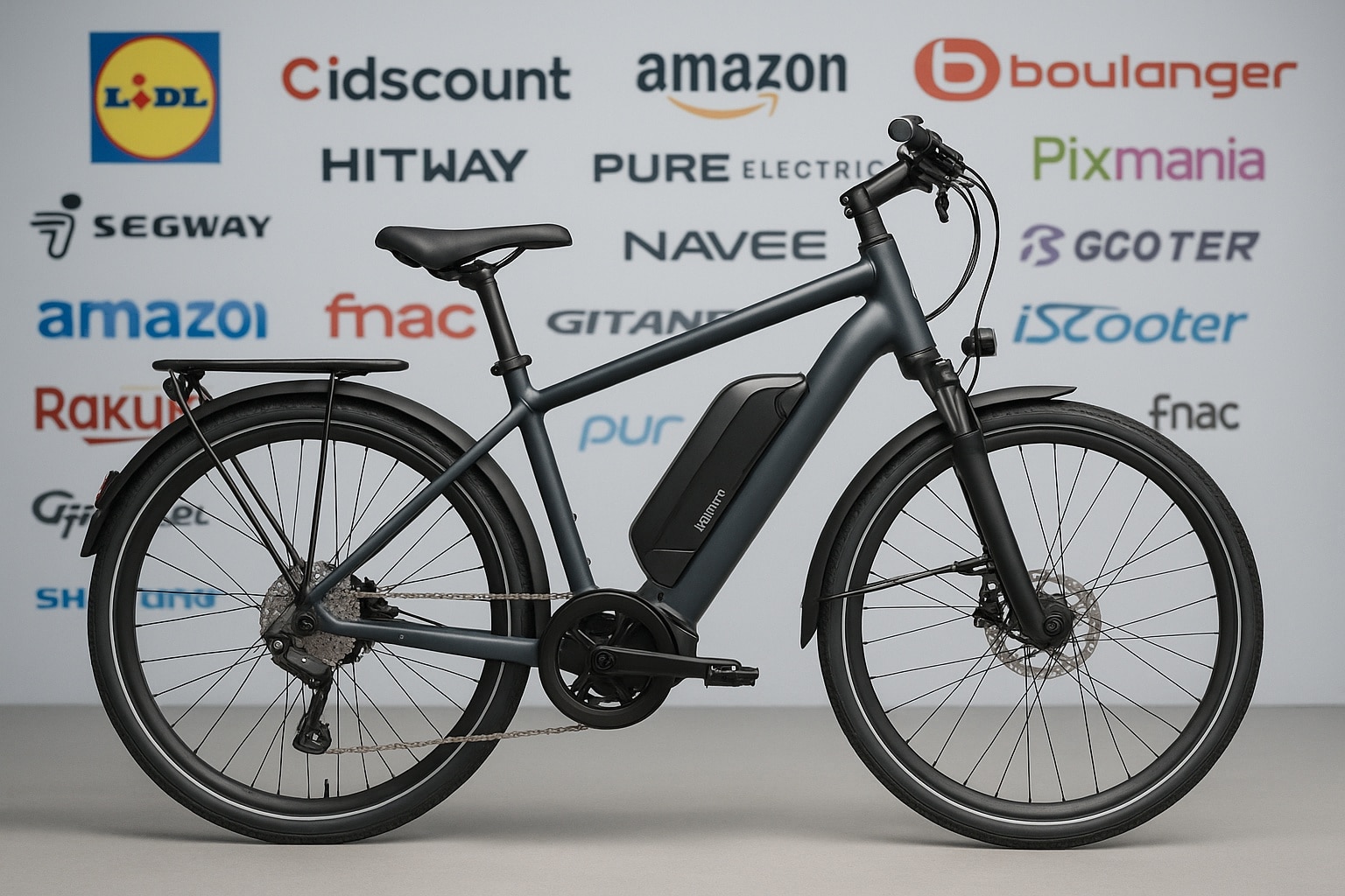 Vélo électrique noir en studio avec, en arrière-plan flouté, les logos de grandes enseignes de Black Friday.