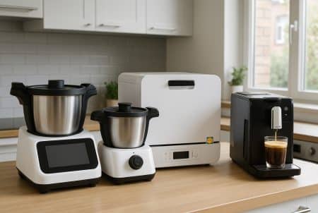 Quatre appareils de cuisine posés sur un plan de travail en bois dans une cuisine moderne lumineuse, avec un logo Lidl discret sur le mini lave-vaisselle.
