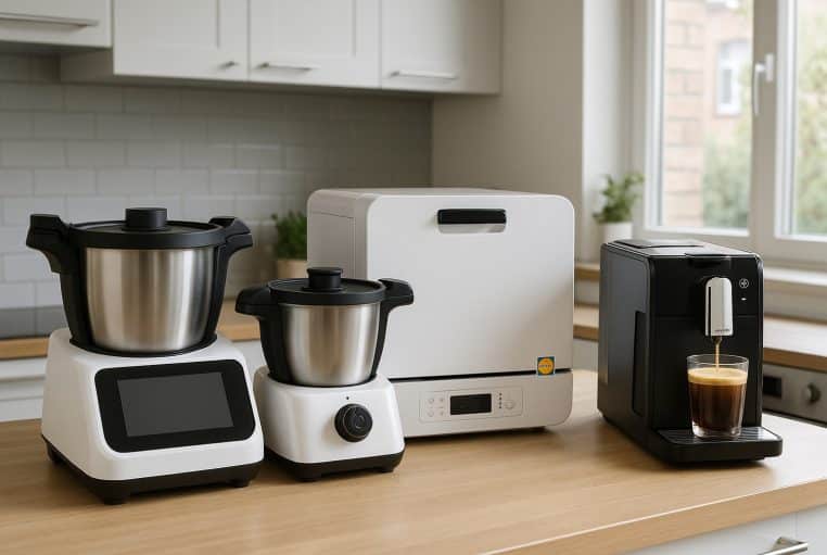 Quatre appareils de cuisine posés sur un plan de travail en bois dans une cuisine moderne lumineuse, avec un logo Lidl discret sur le mini lave-vaisselle.