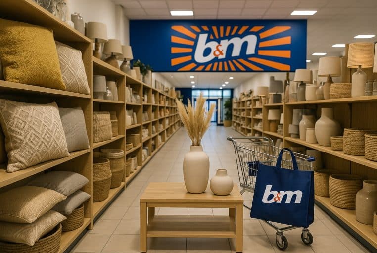 Allée déco d’un magasin B&M : étagères de coussins, paniers et vases, grande enseigne bleue « b&m », chariot avec sac logotypé.