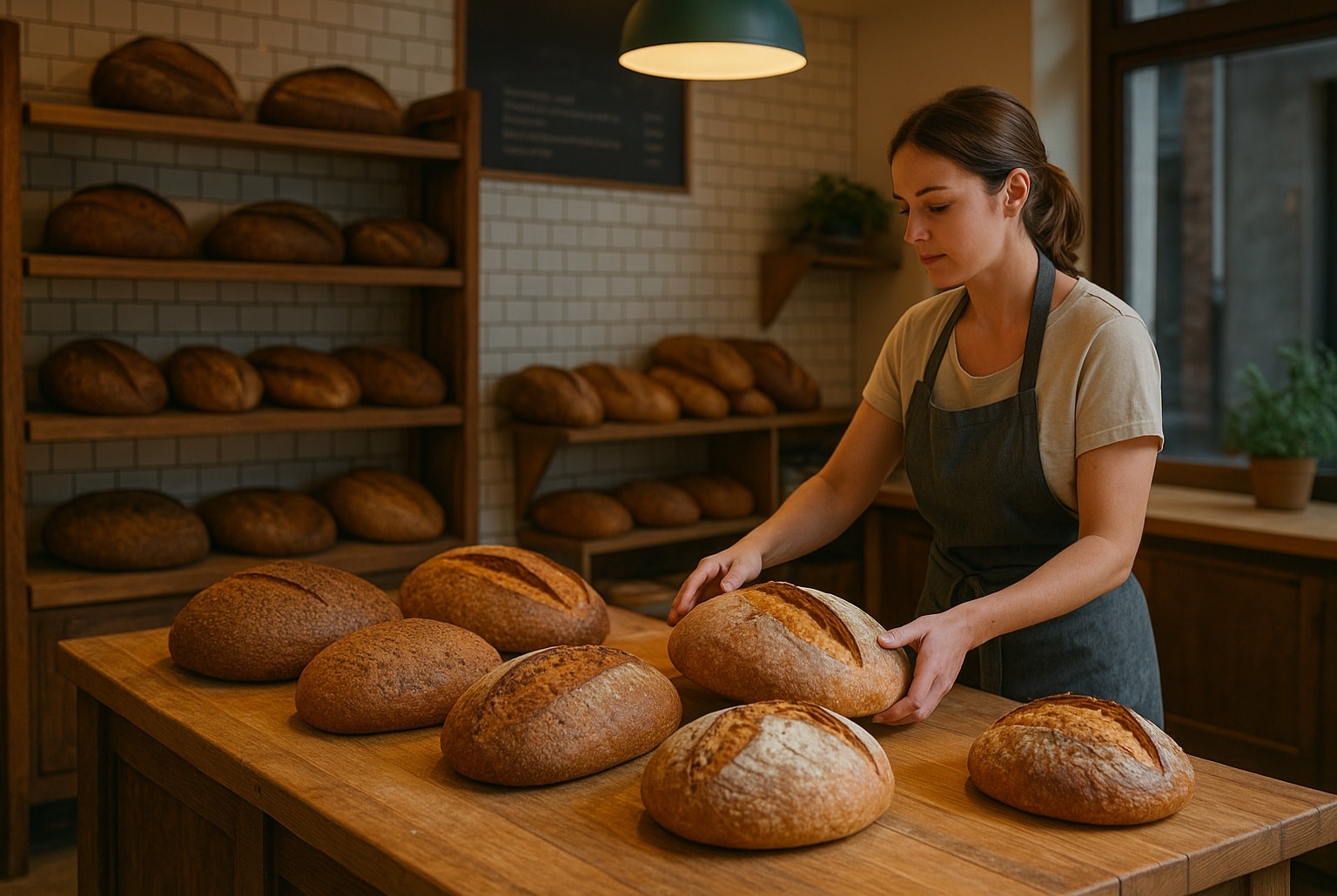 Boulangère en tablier disposant de gros pains au levain sur un comptoir en bois, devant des étagères remplies de miches dorées.