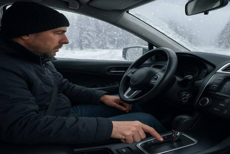 Conducteur appuyant sur le bouton mode neige de la boîte automatique en roulant sur une route enneigée et glissante en hiver