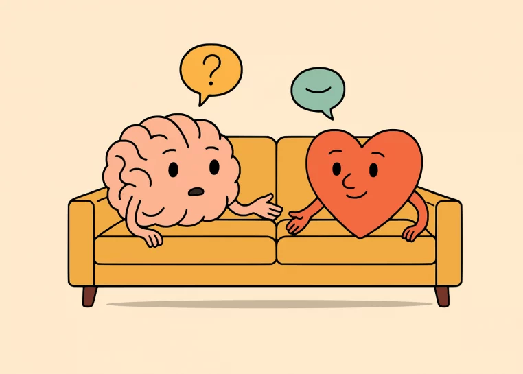 Dessin d’un cerveau et d’un cœur personnifiés assis sur un canapé jaune, se tenant la main et discutant, illustrant l’équilibre émotions-raison.