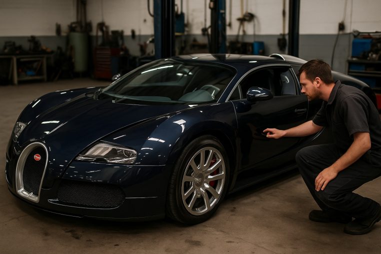Un mécanicien examine le bouton de réglage du rétroviseur sur une Bugatti Veyron bleue dans un atelier auto bien éclairé.