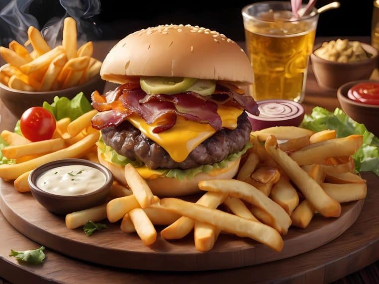 Plusieurs burgers garnis et portions de frites servies sur un plateau dans un restaurant, ambiance de fast-food moderne