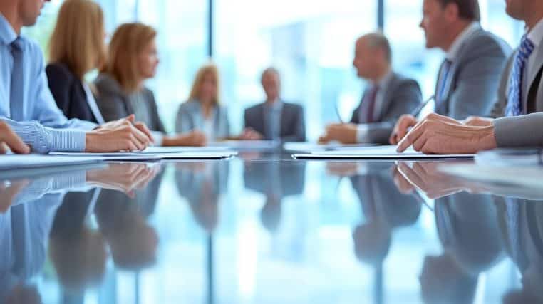Illustration d’un groupe de collègues assis autour d’une table de bureau, échangeant devant des ordinateurs portables dans un open space lumineux.