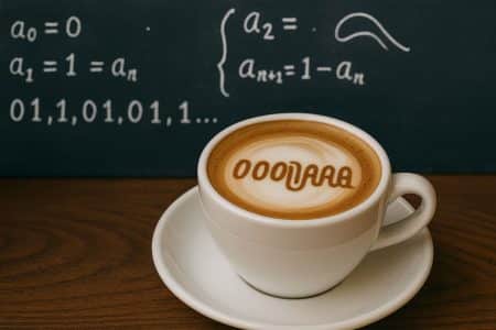 Tasse de café latté en gros plan avec motif de séquence mathématique dans la mousse, devant un tableau couvert de formules.