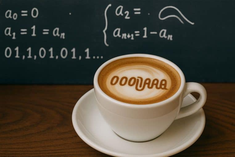 Tasse de café latté en gros plan avec motif de séquence mathématique dans la mousse, devant un tableau couvert de formules.