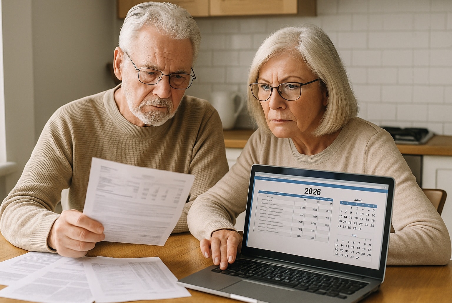 Couple de retraités assis à la table, examinant des documents de retraite et un calendrier 2026 sur un ordinateur portable.