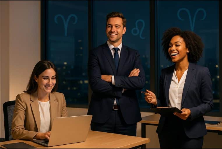 Trois collègues en tenue professionnelle sourient dans un bureau nocturne avec des symboles du zodiaque en arrière-plan, évoquant une carrière en plein essor.