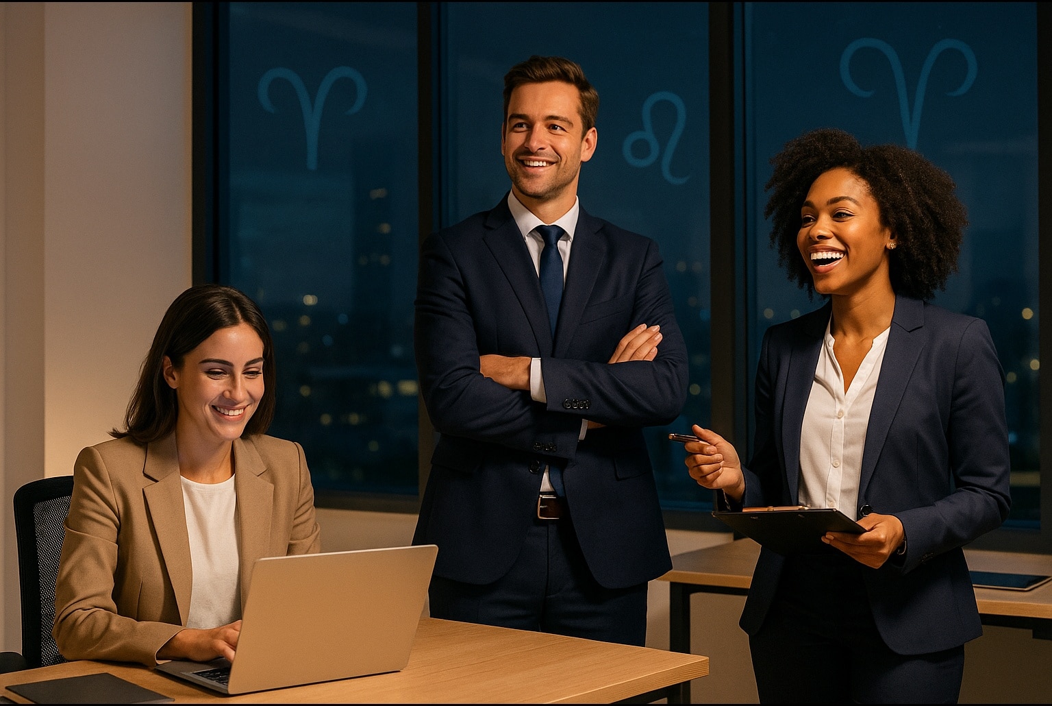 Trois collègues en tenue professionnelle sourient dans un bureau nocturne avec des symboles du zodiaque en arrière-plan, évoquant une carrière en plein essor.