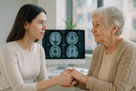 Jeune femme tenant les mains d’une femme âgée dans un cabinet médical, avec des images d’IRM du cerveau sur l’écran.