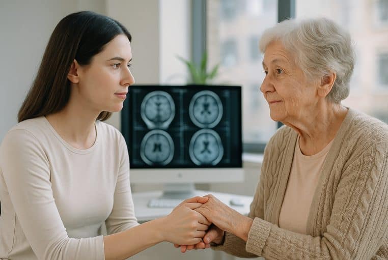Jeune femme tenant les mains d’une femme âgée dans un cabinet médical, avec des images d’IRM du cerveau sur l’écran.