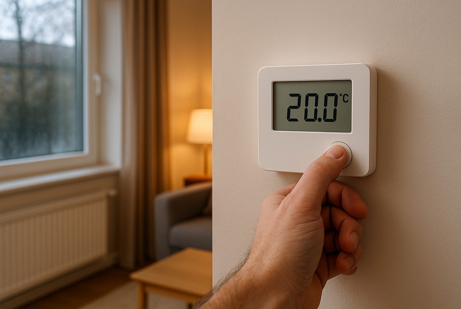 Main ajustant un thermostat numérique à 20 °C sur un mur, salon flou en arrière-plan, ambiance intérieure chaleureuse.