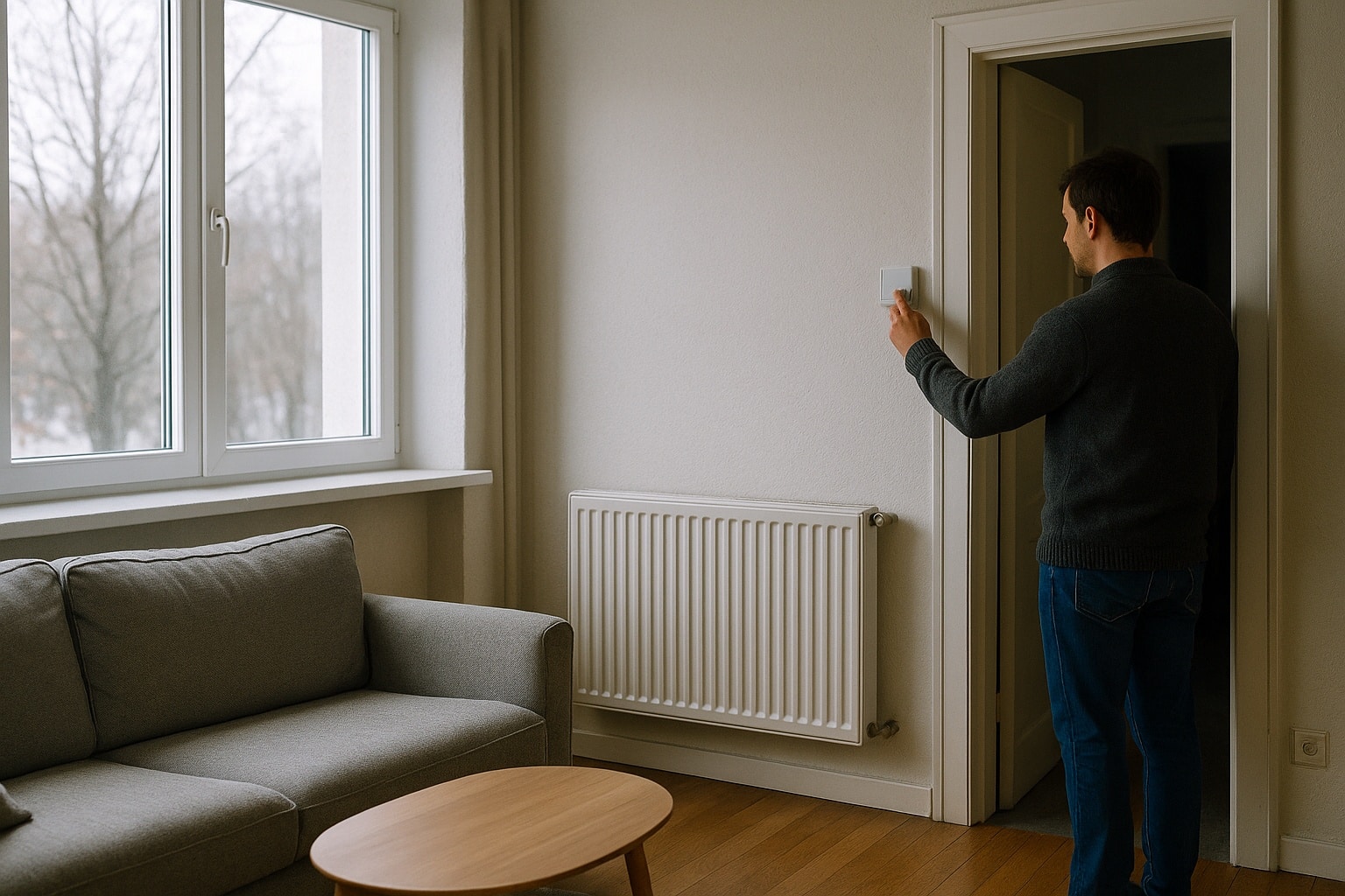 Homme réglant un thermostat mural dans un salon lumineux chauffé par un radiateur blanc sous la fenêtre, en hiver.