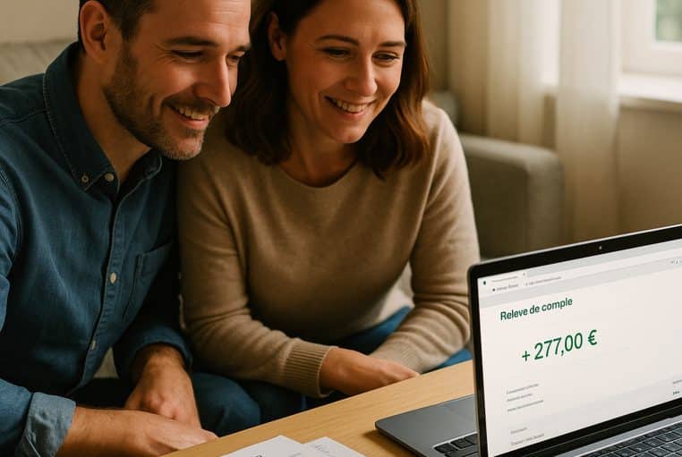 Couple français souriant devant un ordinateur montrant un compte bancaire crédité, avec factures d’énergie et tasse de café sur la table du salon