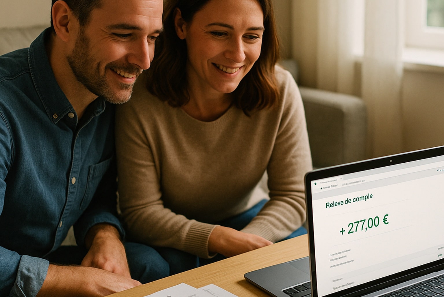 Couple français souriant devant un ordinateur montrant un compte bancaire crédité, avec factures d’énergie et tasse de café sur la table du salon
