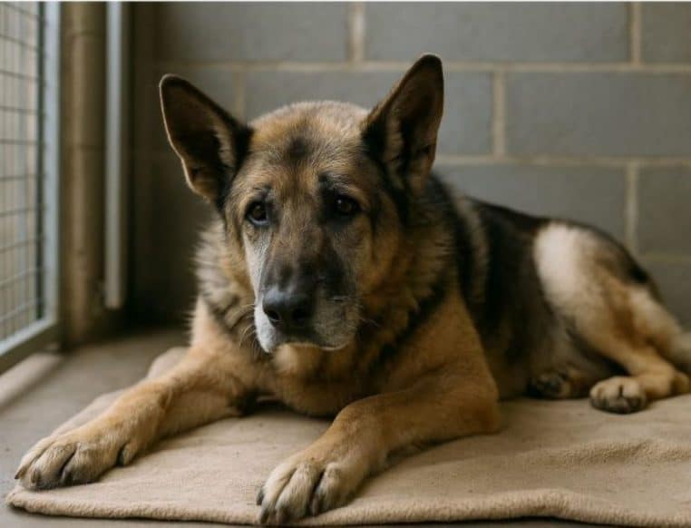 Berger allemand âgé allongé sur un tapis dans un box de refuge, regard doux tourné vers l’objectif derrière une grille.
