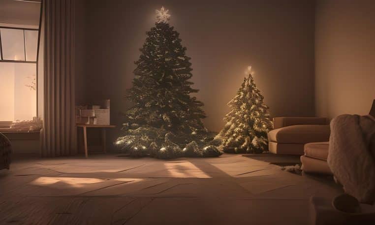 Grand sapin de Noël décoré dans un intérieur lumineux avec guirlandes et décorations blanches rappelant la neige fraîche