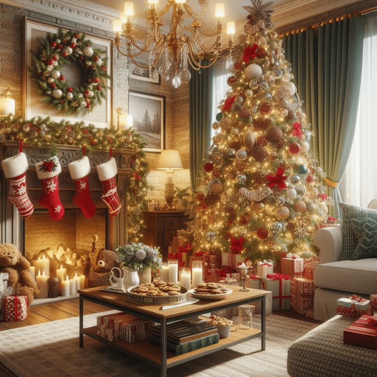 Sapin de Noël artificiel installé dans un salon chaleureux, décoré de boules et guirlandes avec un léger effet neige sur les branches