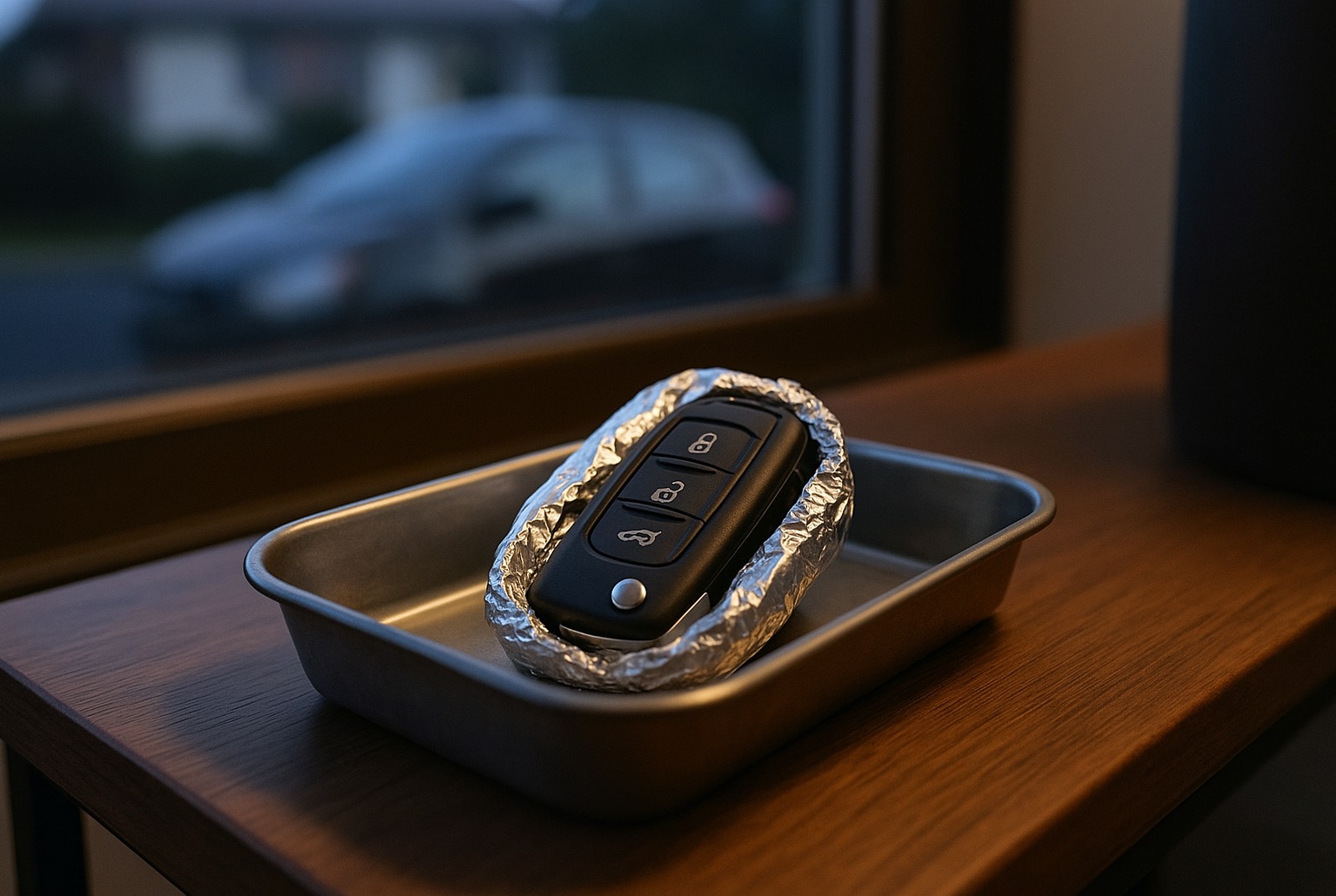 Boîtier de clé de voiture enveloppé d’aluminium, posé dans un plateau inox sur table en bois, voiture floue derrière la fenêtre.