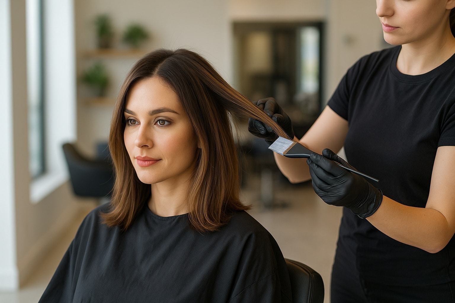 Coloriste appliquant une coloration fondu « color melting » sur les longueurs d’une cliente brune dans un salon lumineux.