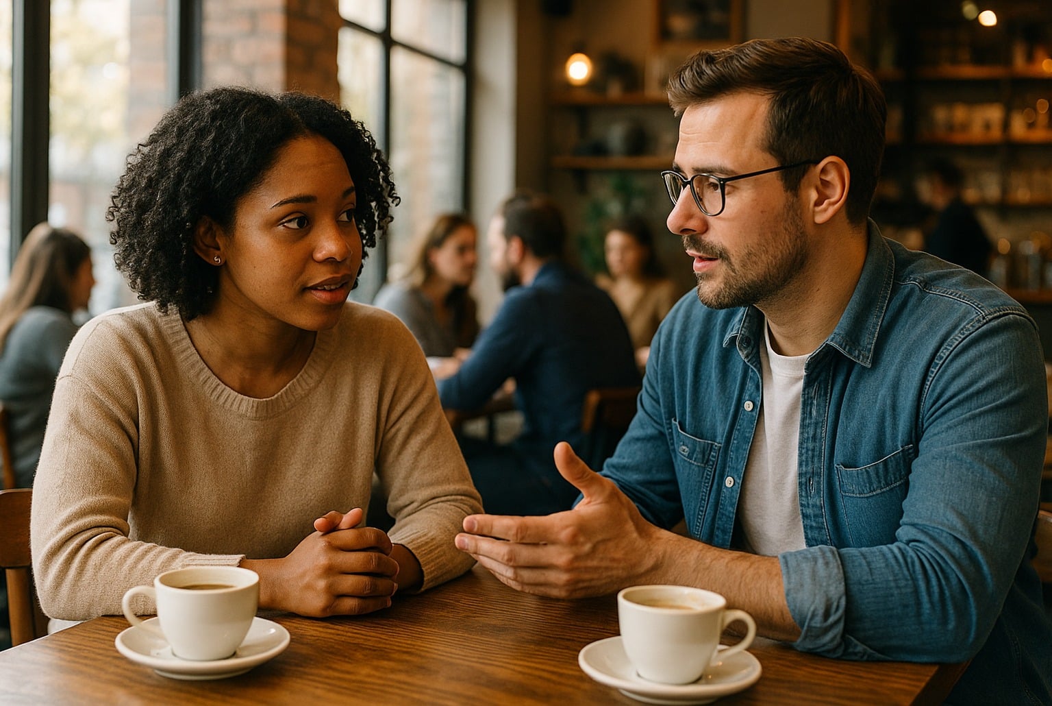 Une femme et un homme discutent posément dans un café lumineux, regards attentifs et gestes ouverts, à une table en bois.