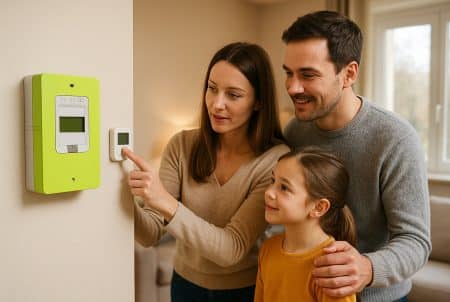 Une famille règle un compteur Linky vert mural dans un salon lumineux pour optimiser sa consommation d’électricité.