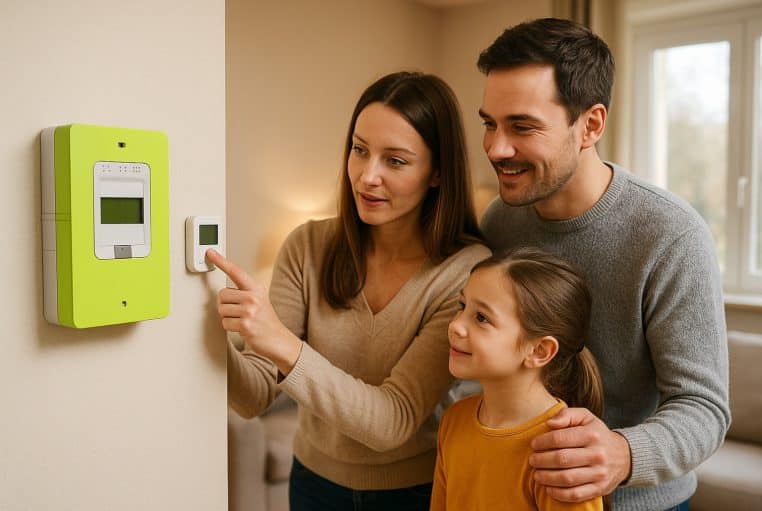 Une famille règle un compteur Linky vert mural dans un salon lumineux pour optimiser sa consommation d’électricité.