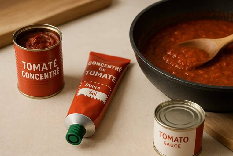 Tube de concentré de tomate entre une boîte ouverte et une poêle de sauce rouge, rappelant l’ajout de sucre et de sel.