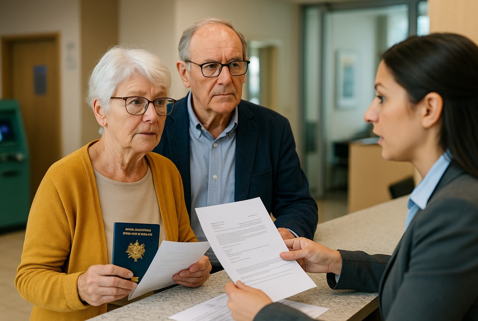 Un couple de retraités présente passeport et documents à une conseillère bancaire au guichet lors d’un contrôle de retraite.
