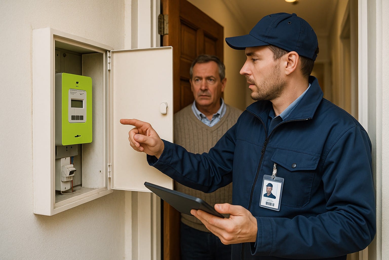Technicien Enedis inspectant un compteur Linky dans l’armoire électrique d’un pavillon, tablette en main.