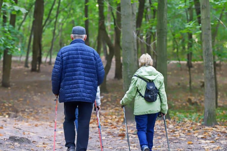 Couple de seniors équipés de bâtons de marche traversant une forêt, concentrés sur le sentier, en pleine activité de randonnée.