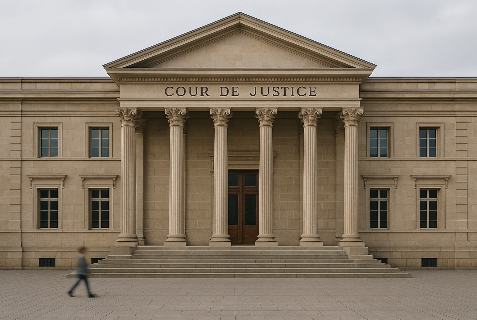 Façade néoclassique d’une cour de justice, six colonnes corinthiennes, large escalier et portes en bois, sous ciel couvert, vue frontale.