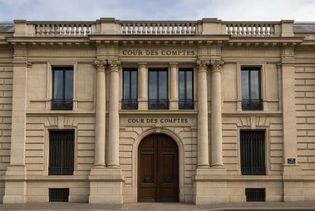 Façade de la Cour des comptes, rue Cambon à Paris, vue frontale large, colonnes Beaux-Arts et grand portail en bois.