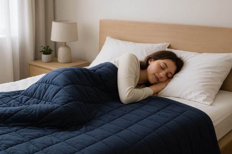 Femme endormie sur le côté sous une couverture lestée bleu nuit, dans une chambre claire et minimaliste baignée d’une lumière douce.