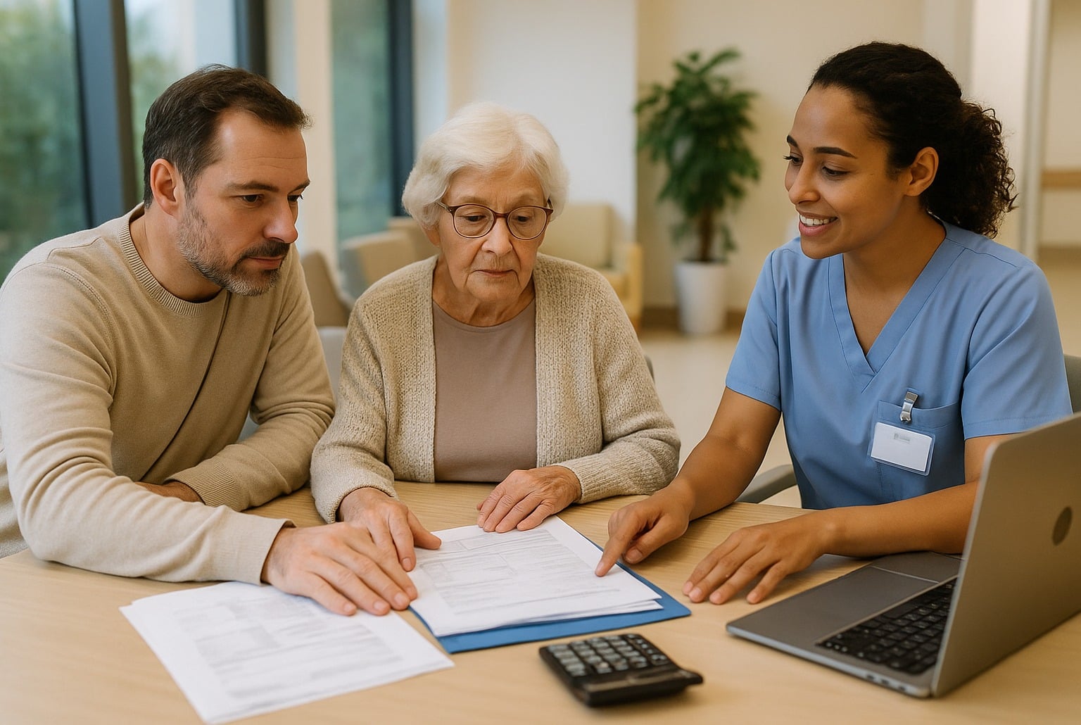 Consultation en Ehpad : une résidente âgée examine des documents avec son proche et une soignante, calculatrice sur la table.