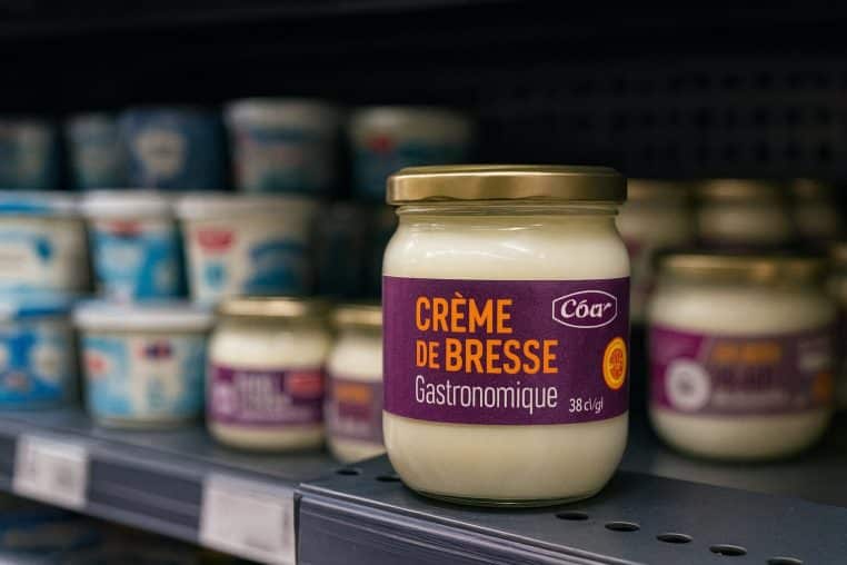 Pot de crème de Bresse gastronomique en bocal de verre avec couvercle doré, devant un rayon réfrigéré de supermarché flou.