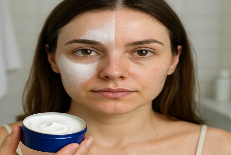 Jeune femme de face tenant un pot bleu de crème, appliquée sur une seule moitié de son visage dans une salle de bain.