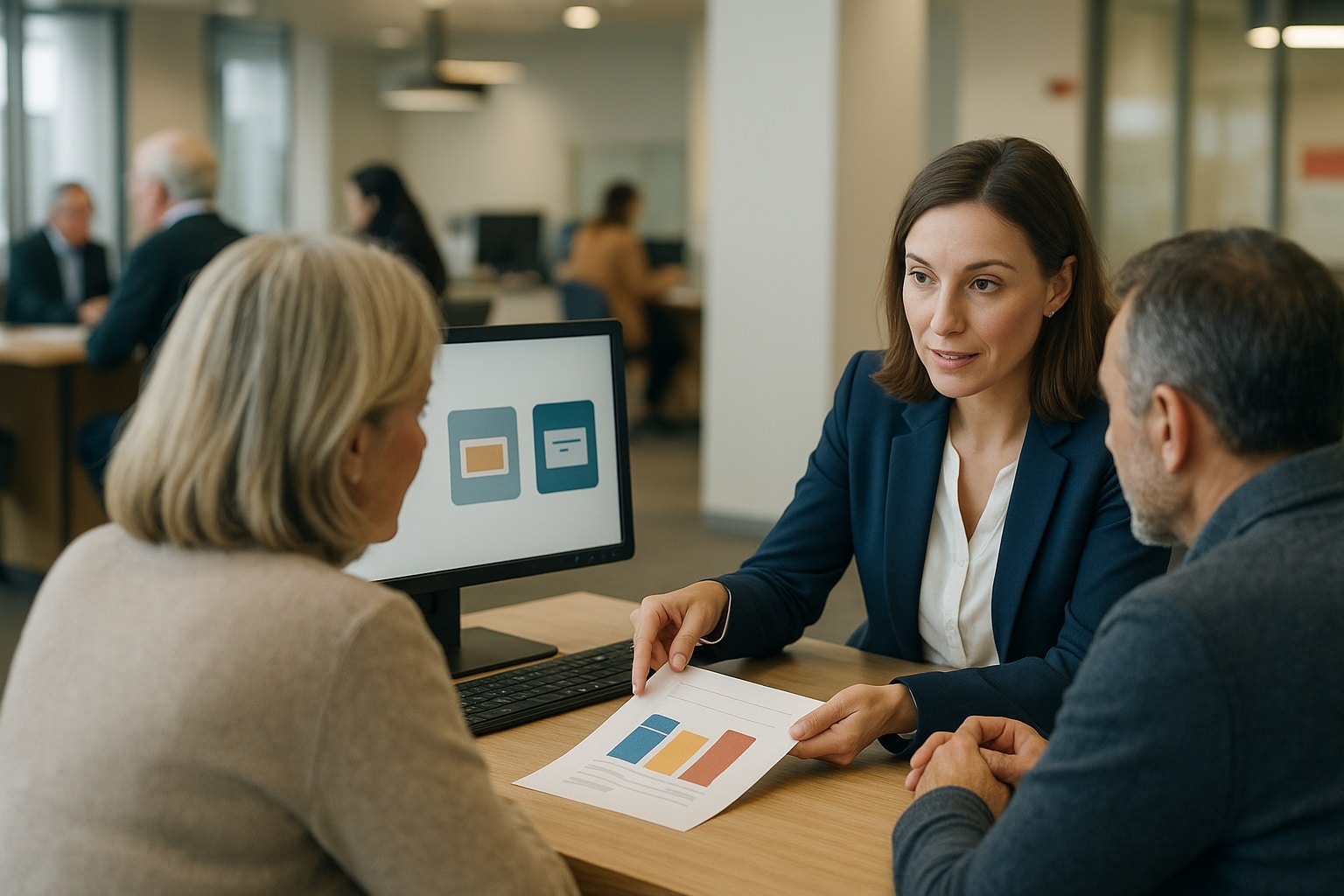 Conseillère bancaire présentant un graphique comparant plusieurs placements à un couple d’épargnants dans une agence moderne bien éclairée