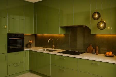 Cuisine laquée vert olive, verre fumé et laiton brossé, plan de travail pierre beige, ambiance rétro 70’s lumineuse.