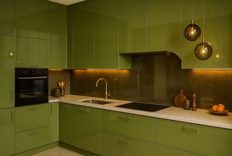 Cuisine laquée vert olive, verre fumé et laiton brossé, plan de travail pierre beige, ambiance rétro 70’s lumineuse.