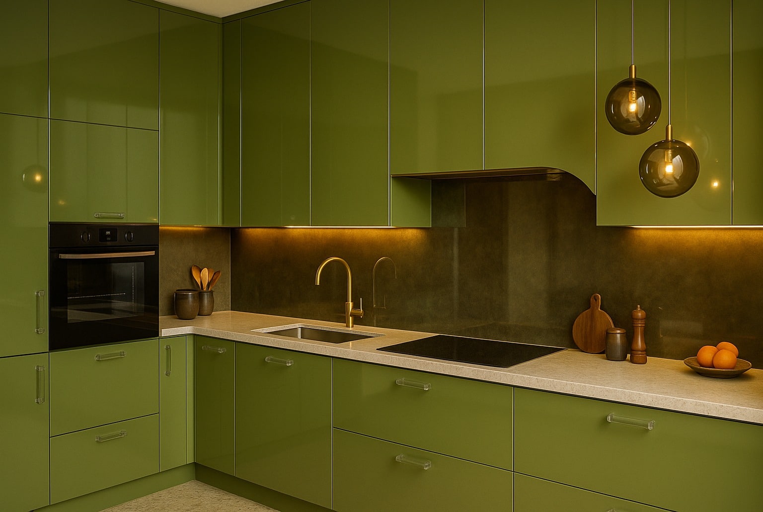 Cuisine laquée vert olive, verre fumé et laiton brossé, plan de travail pierre beige, ambiance rétro 70’s lumineuse.